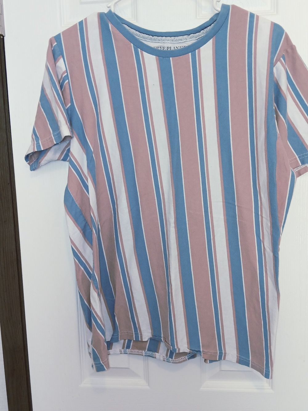 Free Planet Striped Crewneck Tee in Dusty Rose, Blue & White